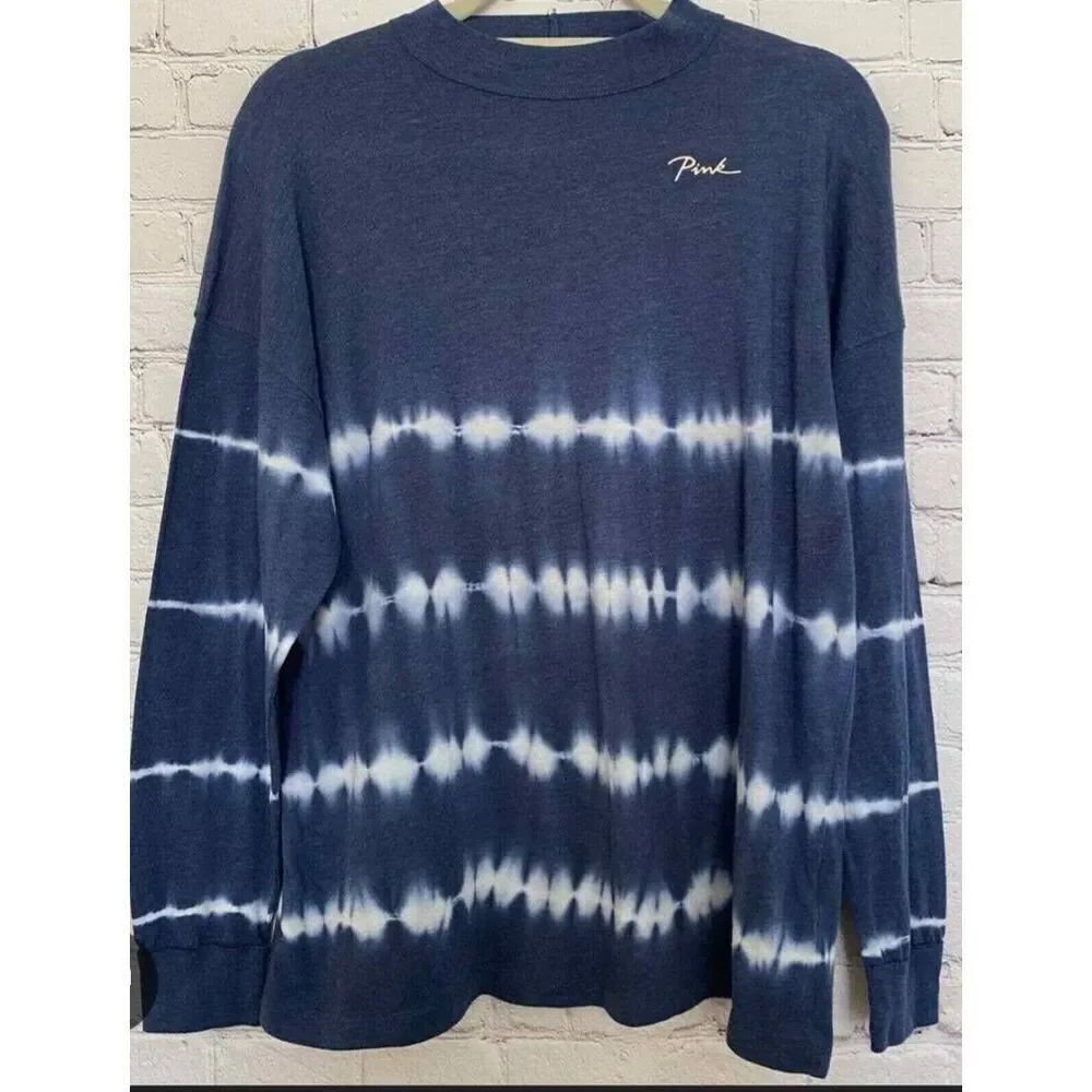 PINK Victoria's Secret Blue & White Tie Dye Long Sleeve T-Shirt - Size medium